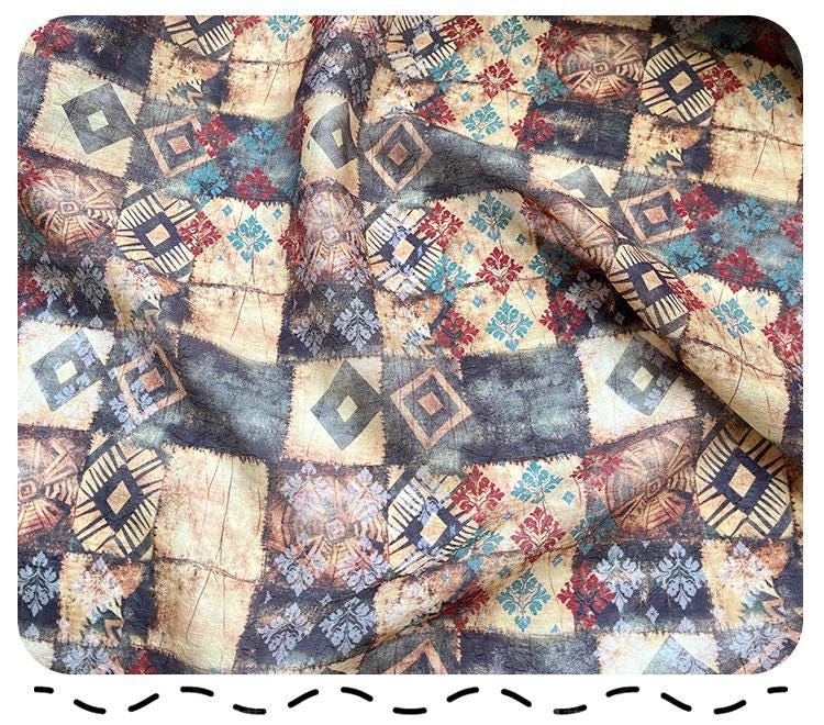 Tissu Tencel Ramie bohème : motif patchwork imprimé, 150 cm de large, vendu au mètre