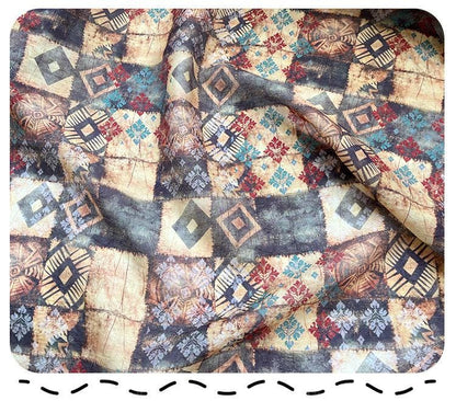 Tissu Tencel Ramie bohème : motif patchwork imprimé, 150 cm de large, vendu au mètre