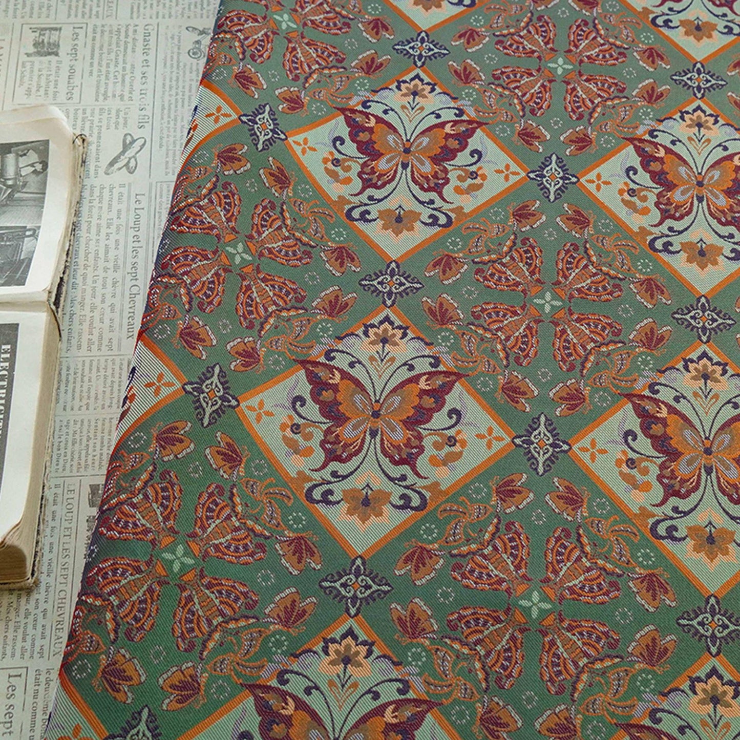 Butterfly Floral Jacquard Fabric: Ethnic Green Iridescent Sewing Material (59"W, By The Meter)