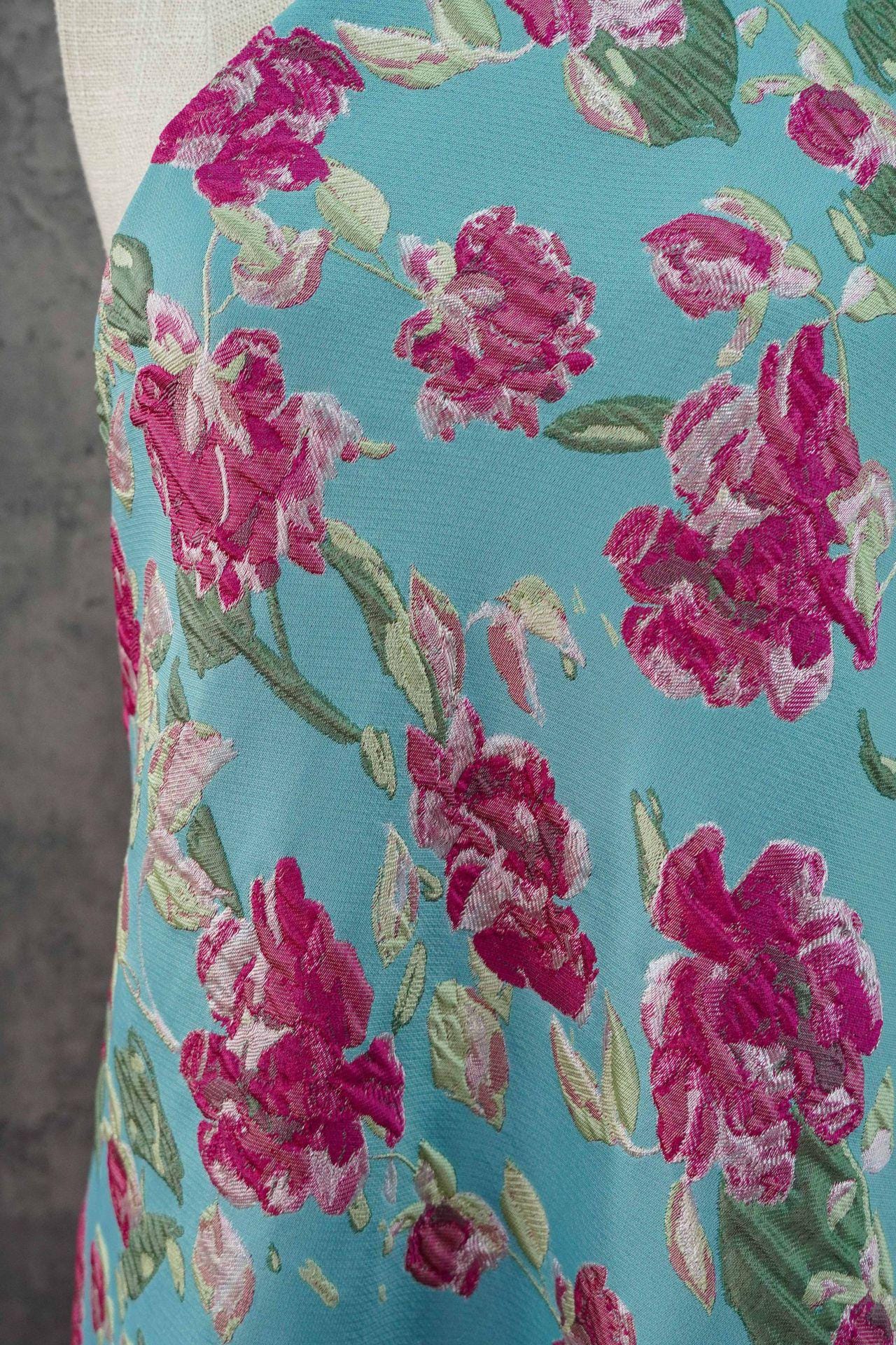 Blue Floral Embossed Jacquard Fabric ��� 3D Textur" Wide