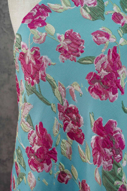 Blue Floral Embossed Jacquard Fabric ��� 3D Textur" Wide