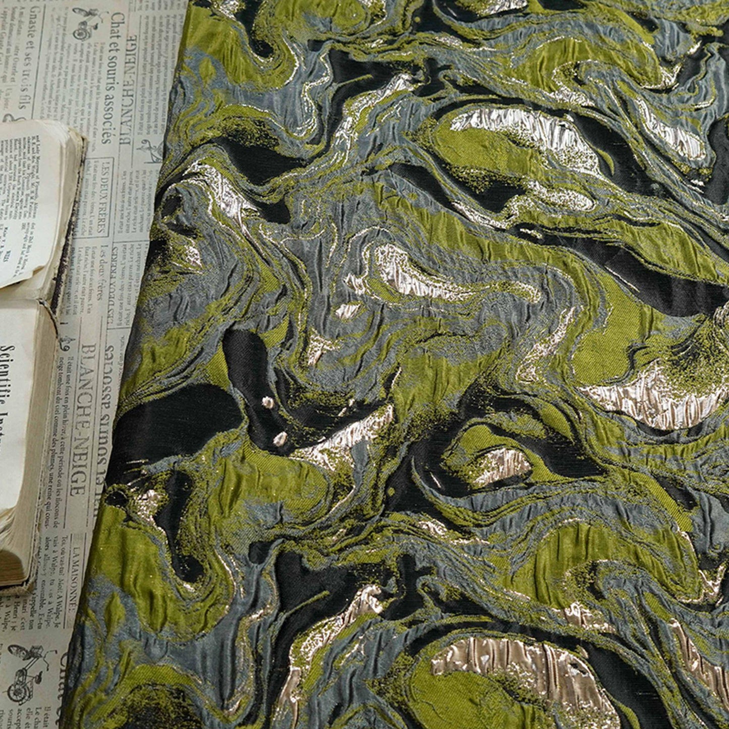 Gold Thread Jacquard Fabric: Green 3D Designer Upholstery, Costume & Sewing - 54"W