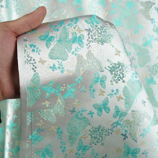 Teal Green Silk Brocade Fabric: Butterfly Floral Jacquard, 58"W