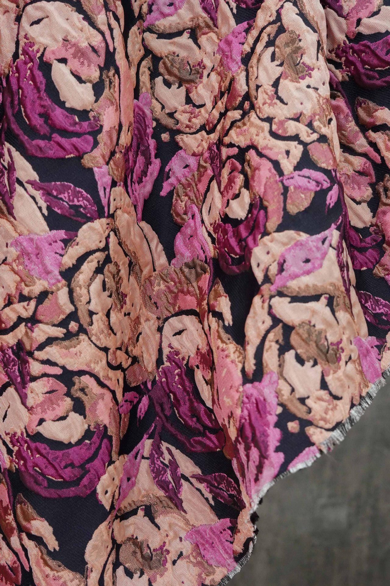 Embossed Rose Jacquard Fabric: Pink Purple Floral Brocade (60" Wide)