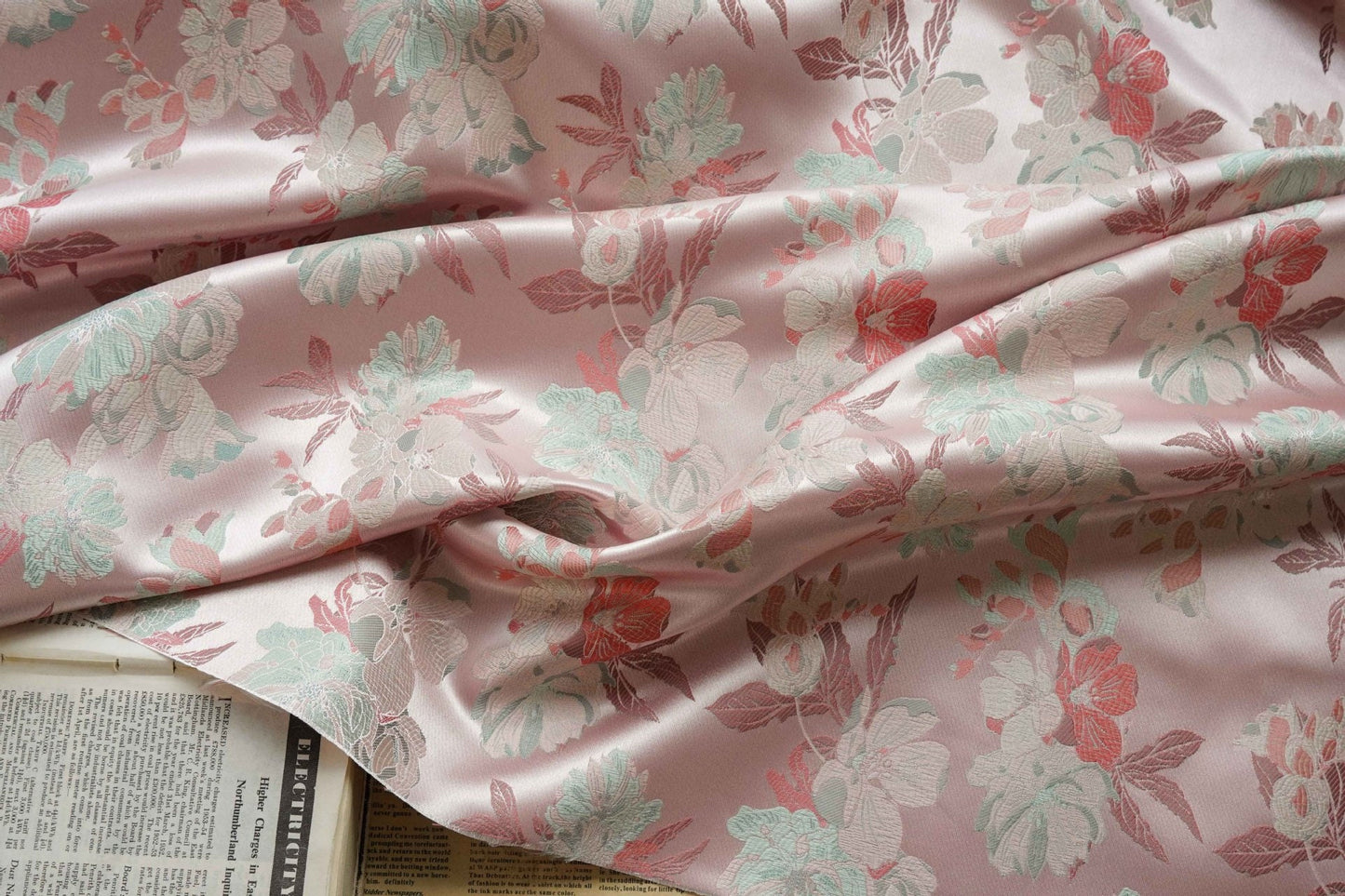 Light Pink Hibiscus Brocade Satin Fabric: 66" Wide Chinese Style