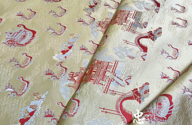 Dragon Boat Brocade Fabric: Champagne & Pink Silk Rayon Blend