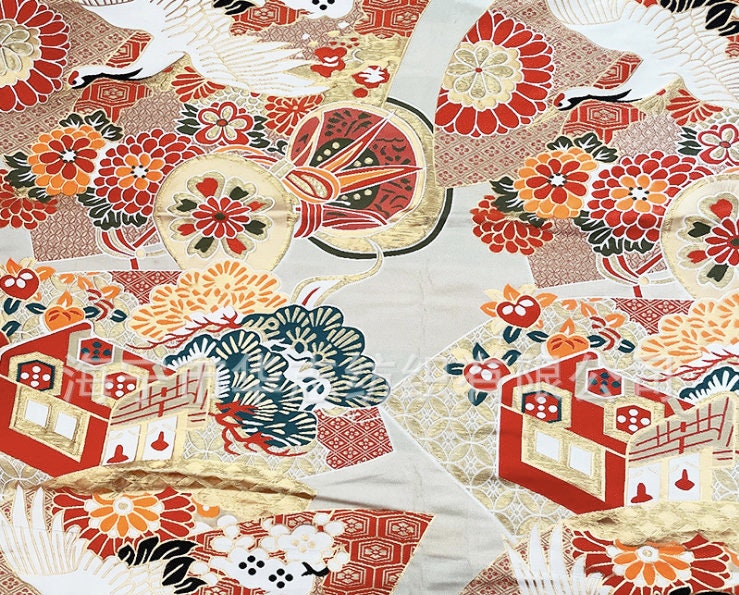 Japanese Crane Jacquard Satin Fabric: Birds & Floral Upholstery, Costume Sewing
