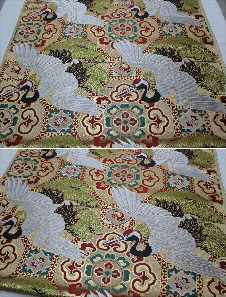 Japanese Crane Jacquard Satin Fabric: Pale Gold Bird Fabric, 29.5"W