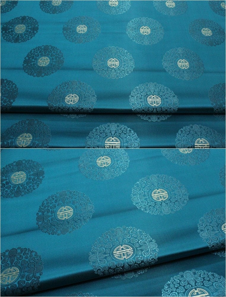 Chinese Fu Symbol Brocade Fabric: Floral Jacquard Satin (29.5"W)