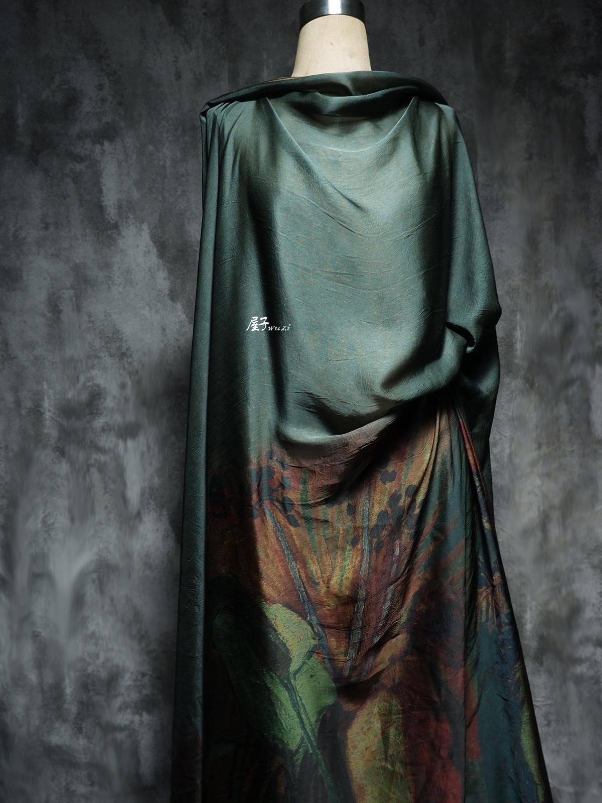 Dark Green Silk Satin Fabric: Dunhuang Pattern Sewing Material, 55"W