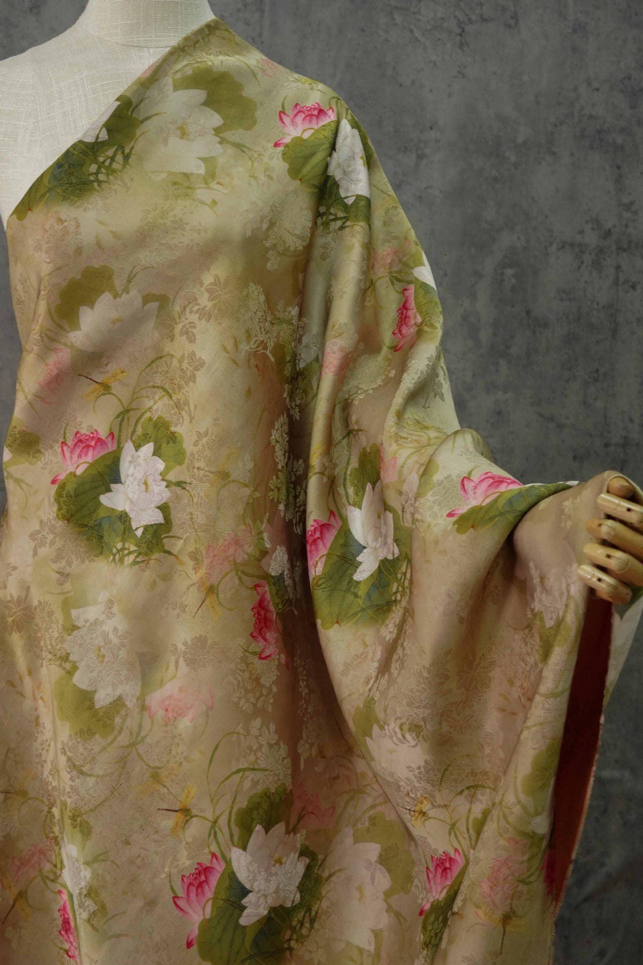 Lotus Flower Tea Silk Satin Fabric: 55"W Digital Print