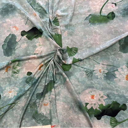Tissu en soie à motif lotus et encre - 150 cm de large, texture satinée