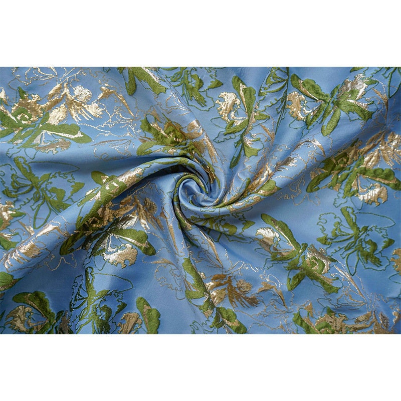Blue Dandelion Jacquard Fabric: Gold Shimmering Embossed Woven, 57"W - By The Meter
