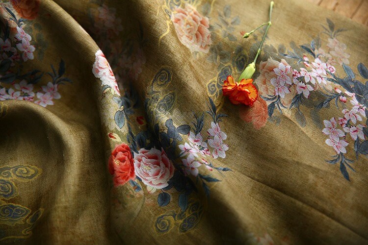 Peony Flower Print Ramie Fabric: Natural Fiber Sewing Material