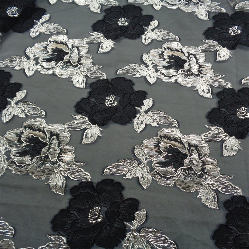 Blue & Gold Floral Jacquard Organza Fabric - 56"W