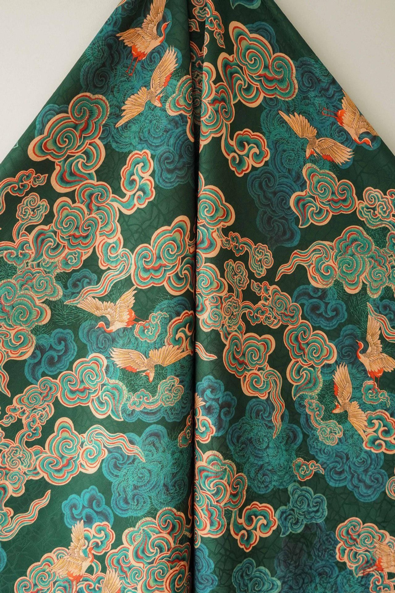 Auspicious Cloud Tea Silk Satin Fabric: Dark Green Upholstery, Costume, Drapery (59"W)