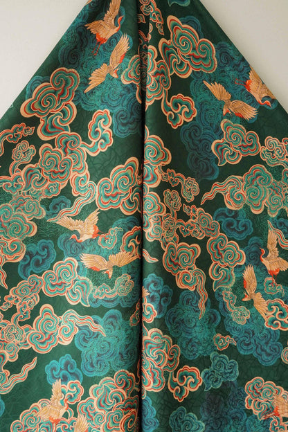 Auspicious Cloud Tea Silk Satin Fabric: Dark Green Upholstery, Costume, Drapery (59"W)