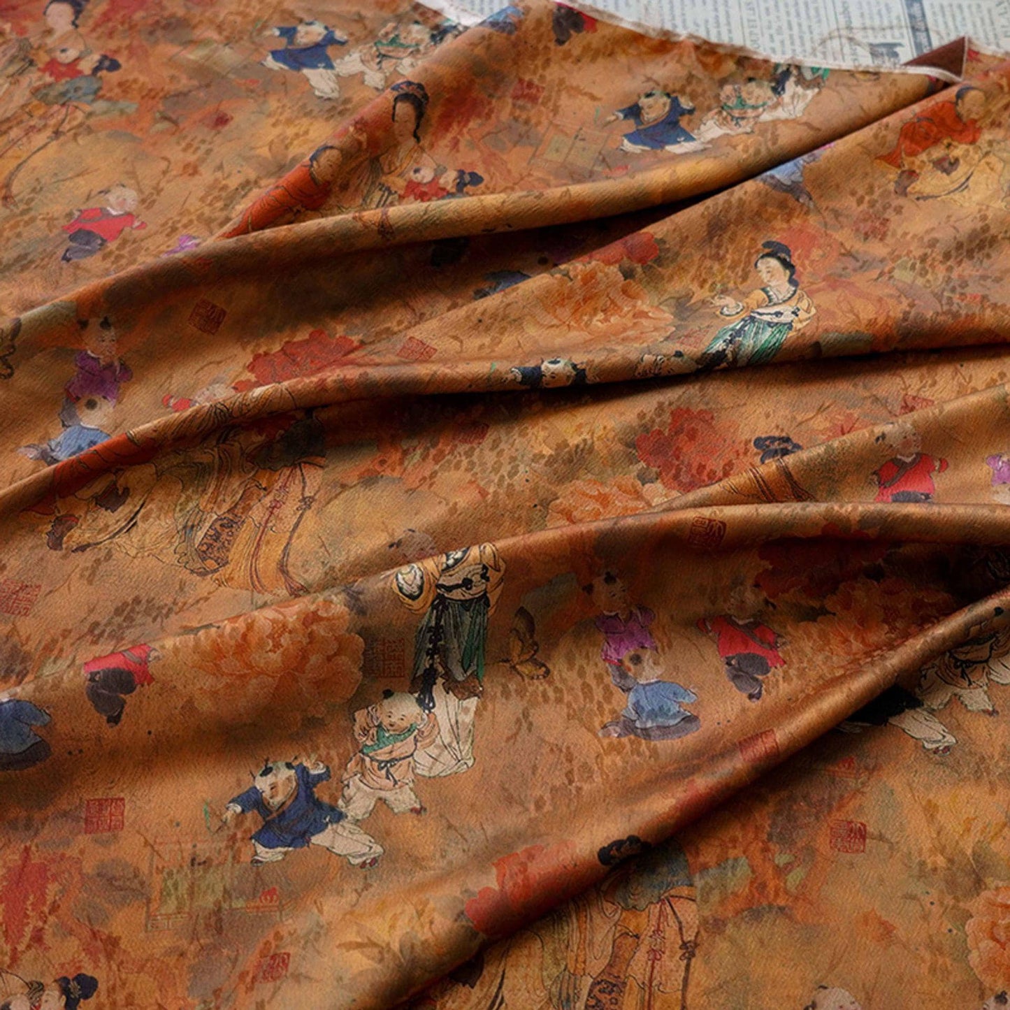 Ancient Family Tea Silk Satin Fabric: Digital Print, 59"W