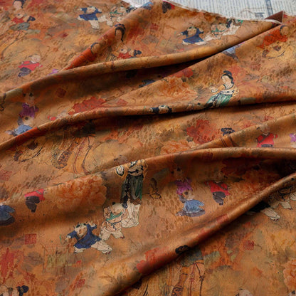 Ancient Family Tea Silk Satin Fabric: Digital Print, 59"W