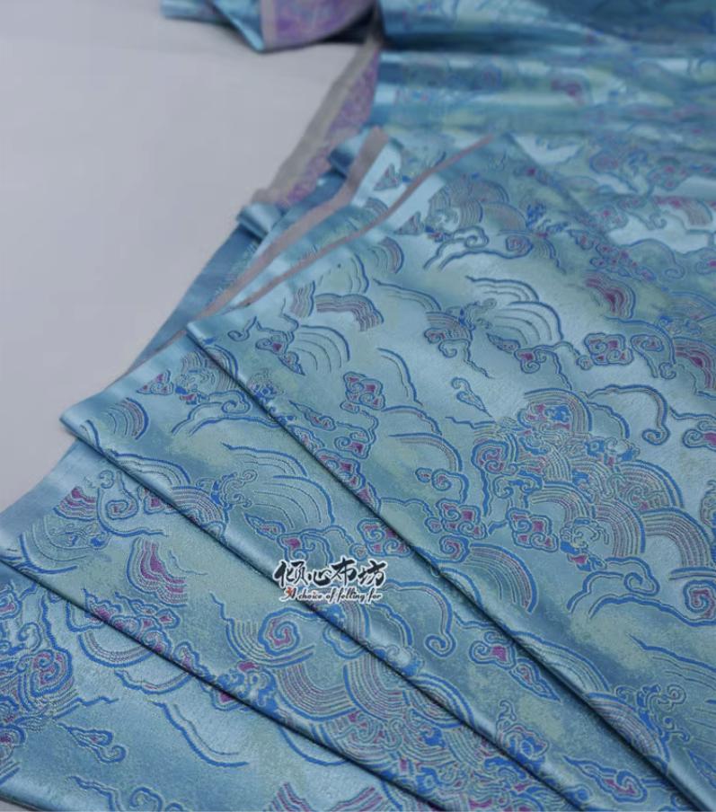 Aqua Blue Brocade Fabric: Sea of Clouds & Waves, 29.5"W