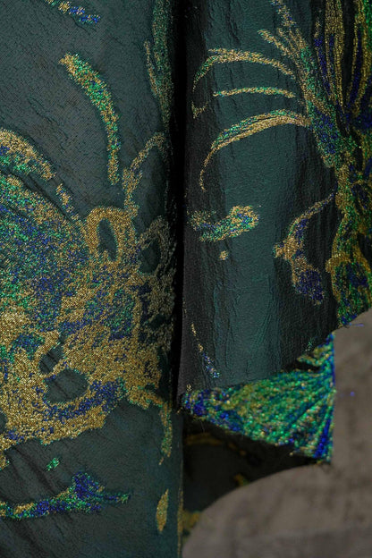 Dark Green Floral Jacquard Fabric with Gold Thread - 55" Wide - By The Yard