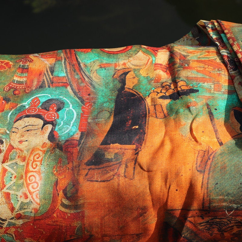 Dunhuang Murals Linen Fabric: Asian Style Upholstery & Sewing, 55"W