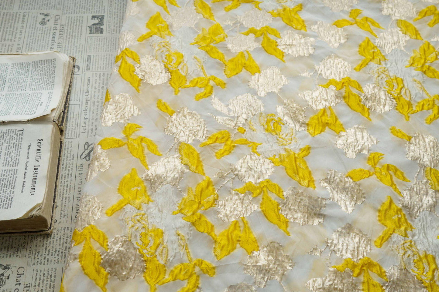 Gold Thread Jacquard Organza Fabric: 3D Embossed Texture, 54" Wide