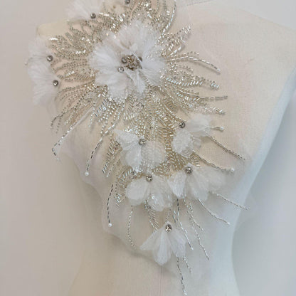 Beaded Sequin Lace Applique Pair: Chiffon Floral Embroidery Trim