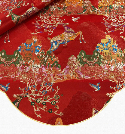 Christmas Reindeer Jacquard Brocade Fabric: Red Damask Sewing Material