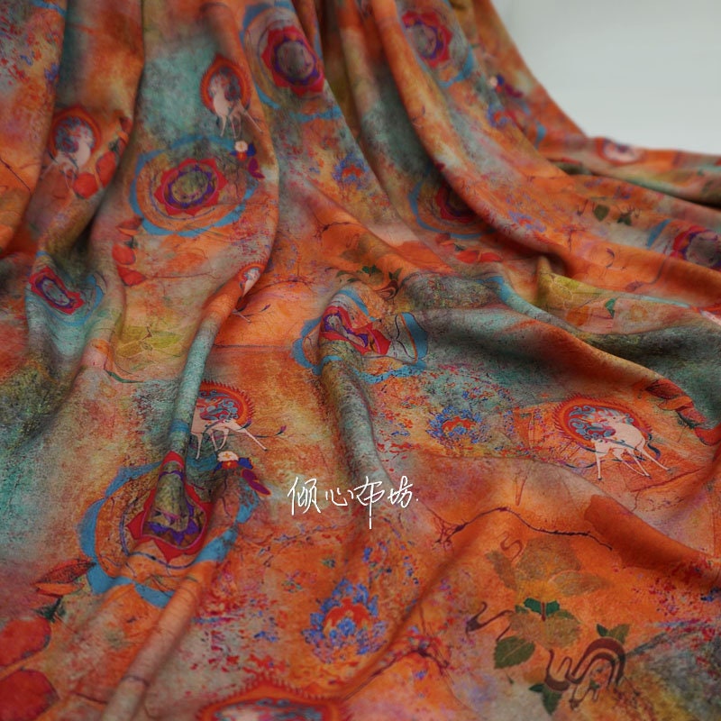 Nine-Color Deer Cotton Fabric: Dunhuang Style Upholstery, Costume, Scarf (57"W)