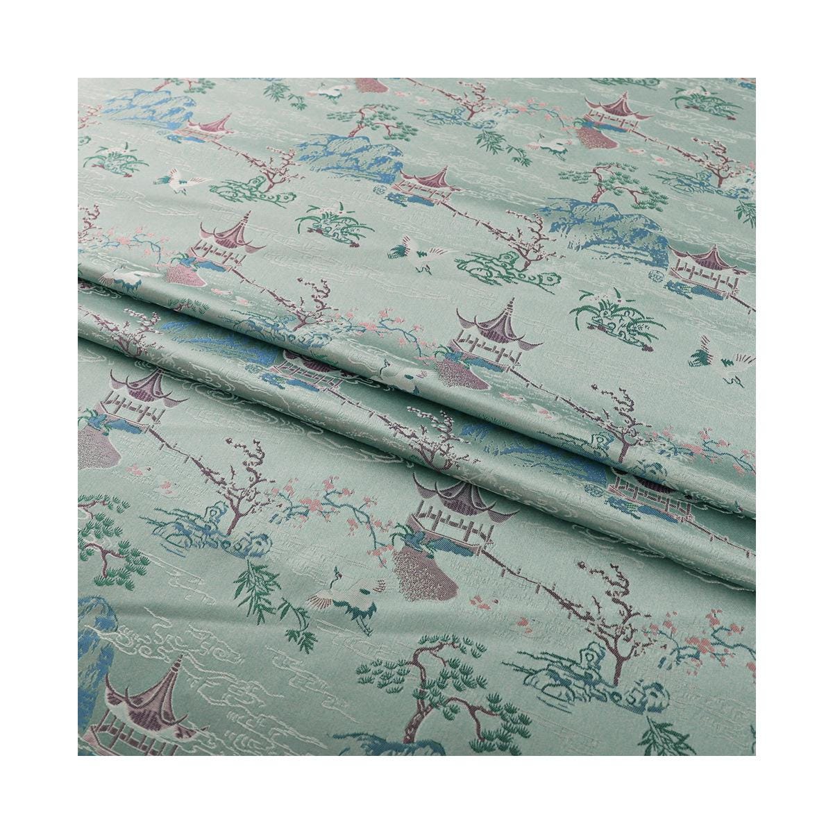 Tissu brocart Nishijin : Kimono Garden bleu aqua, 150 cm de large