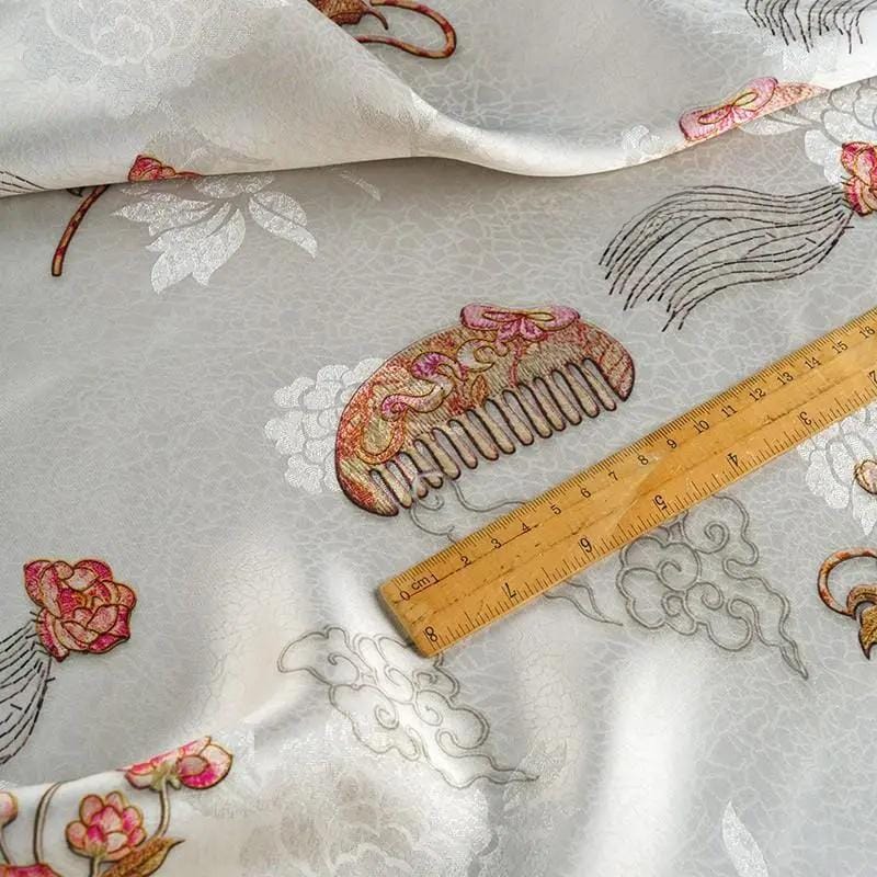 Lotus Tea Silk Satin Fabric: Japanese Pattern Upholstery, Costume, Decor (58"W)