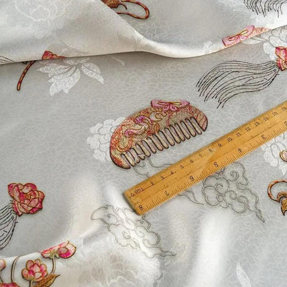 Lotus Tea Silk Satin Fabric: Japanese Pattern Upholstery, Costume, Decor (58"W)