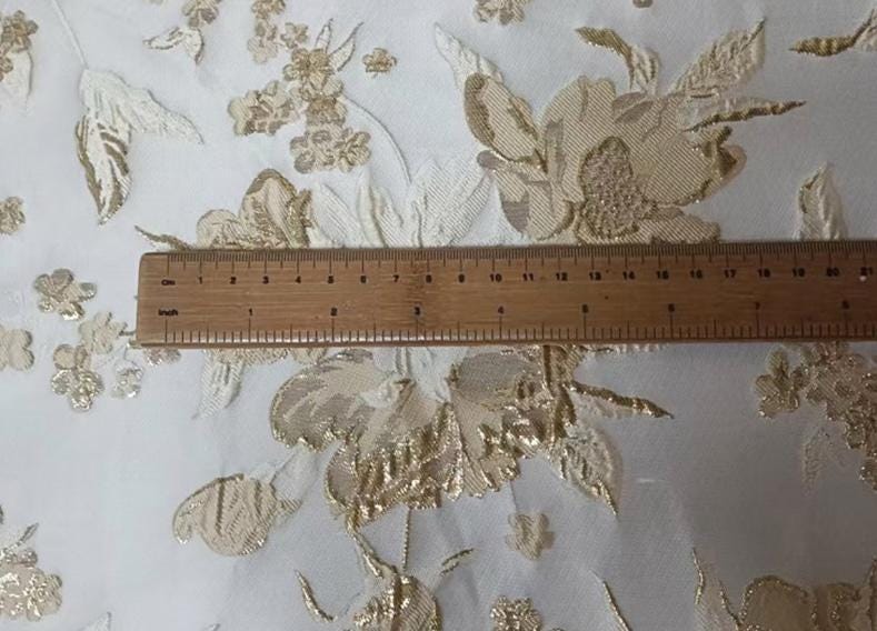 White Peony Jacquard Fabric: Embossed Gold Thread, 59" Wide
