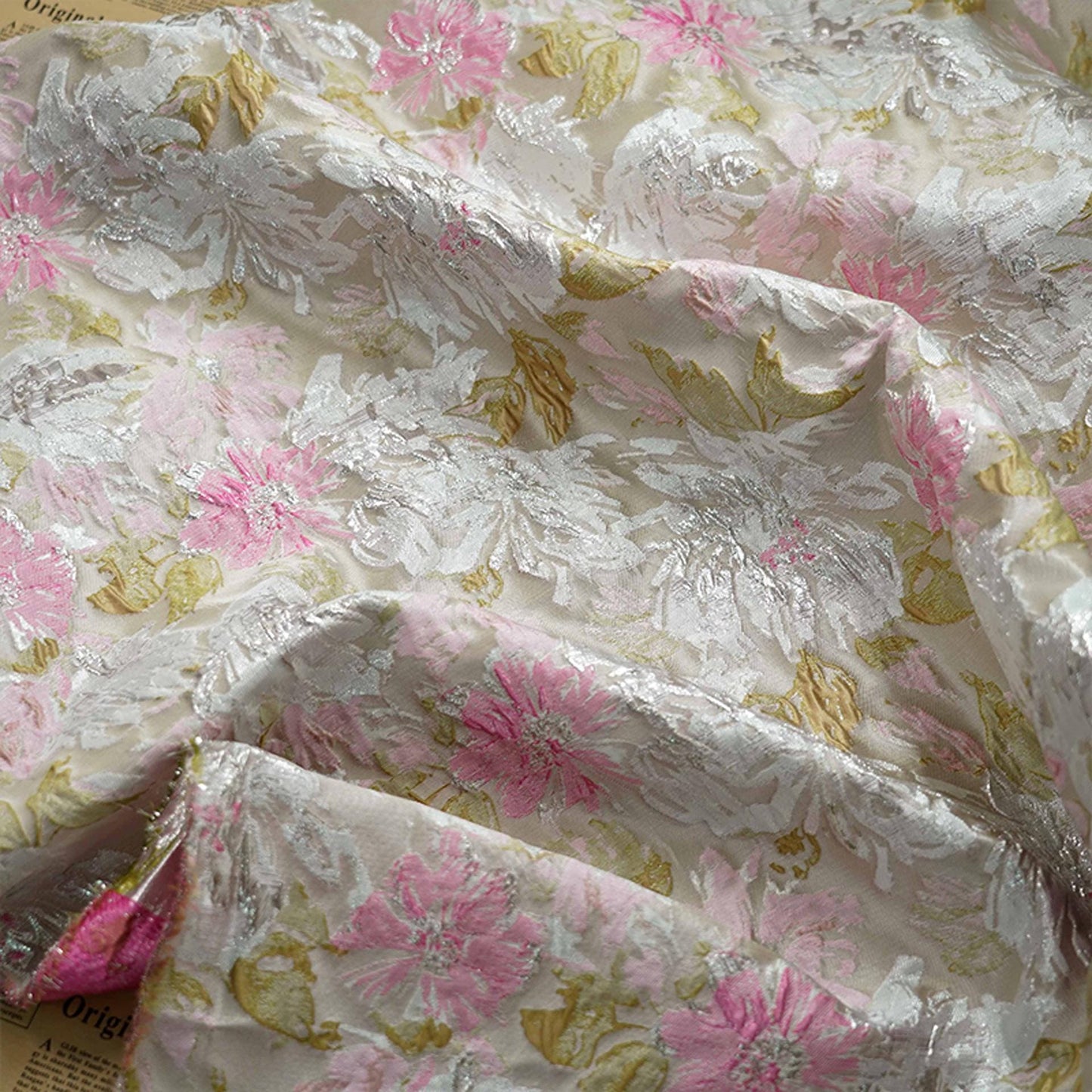 Gold Thread Floral Jacquard Fabric: Shimmering Embossed Weave, 55"W