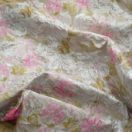 Gold Thread Floral Jacquard Fabric: Shimmering Embossed Weave, 55"W