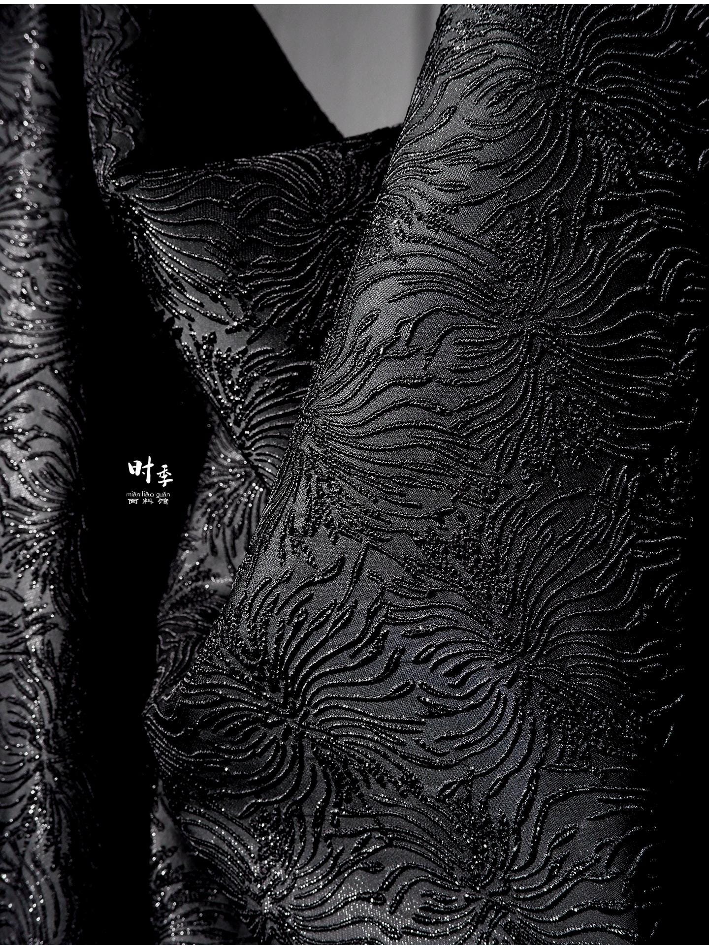 Black Spider Lily Jacquard Fabric | Embossed 3D Floral Brocade, 52" Wide