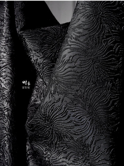 Black Spider Lily Jacquard Fabric | Embossed 3D Floral Brocade, 52" Wide