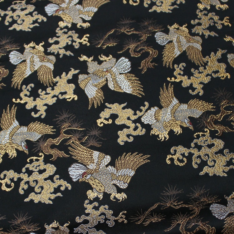 Japanese Silk Brocade Fabric: Ancient Totem Eagle Design, 29.5" Wide