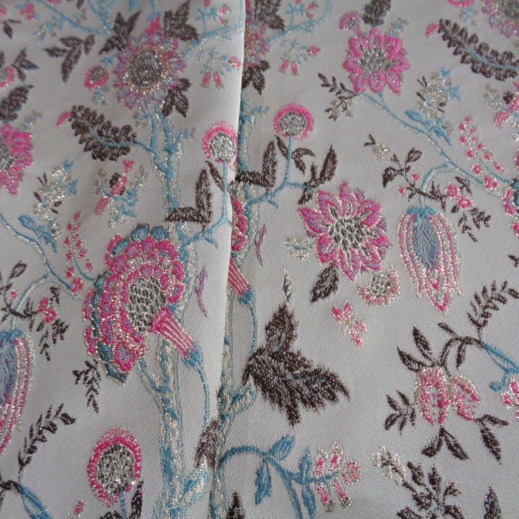 Pink & Blue Celosia Flower Gold Jacquard Fabric: 57" Wide - Poppylollipop