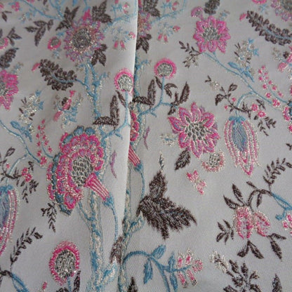 Pink & Blue Celosia Flower Gold Jacquard Fabric: 57" Wide - Poppylollipop