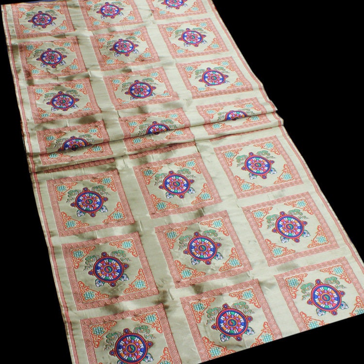 29"W Vintage Tibetan Brocade Fabric: Silk Satin Upholstery Textile