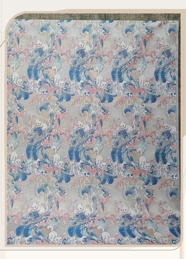 Tissu Jacquard Chat Navigateur – Motif tissé or métallisé, Couture & Maison