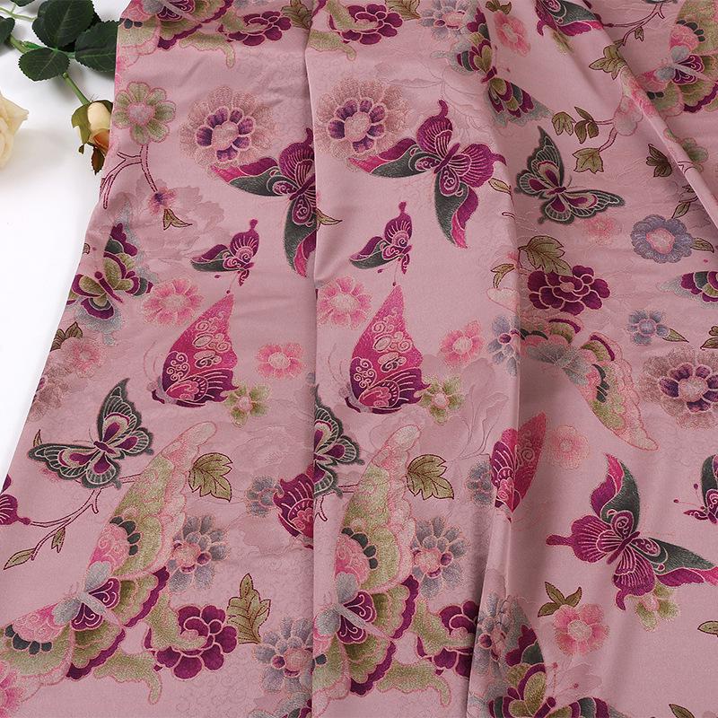 Floral Butterfly Print Fabric: Gambiered Canton Gauze Tea Silk, pink, orange, purple