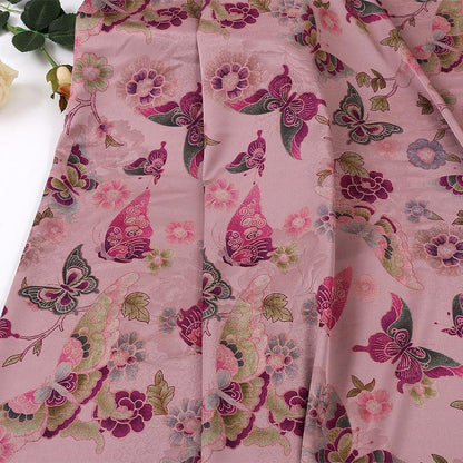 Floral Butterfly Print Fabric: Gambiered Canton Gauze Tea Silk, pink, orange, purple