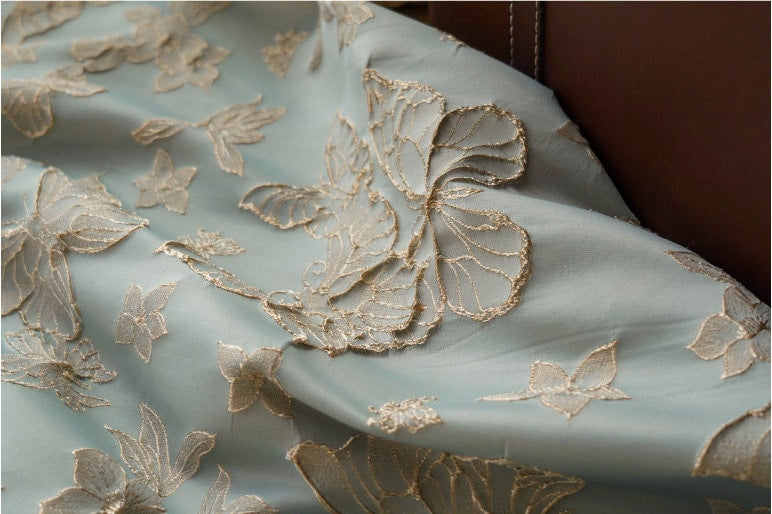 Gold Thread Butterfly Jacquard Fabric: 3D Foil Texture, 56"W, By The Meter