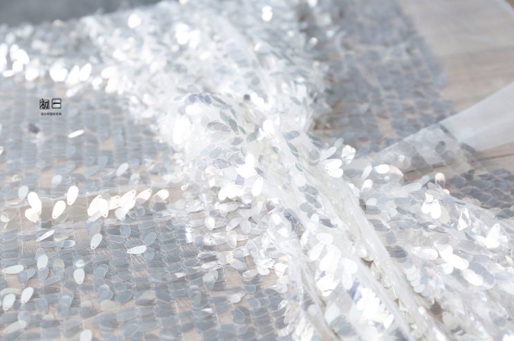 Silver Sequin Mesh Fabric, Hand Embroidered Water Drop Design, 59" Wide