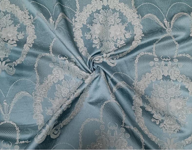 Blue Embossed Floral Jacquard Brocade Fabric | 55" Wide