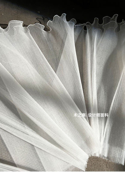 White Pleated Ruffle Organza Fabric: 3D Folds, Stiff Texture, 20"W