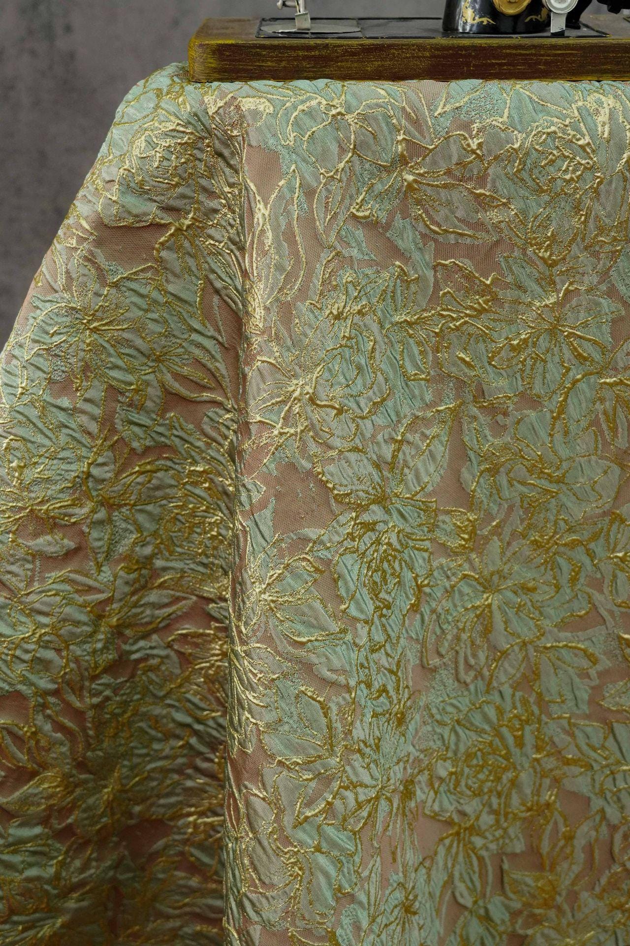 Embossed Floral Jacquard Fabric ��� Gold Thre" Wide